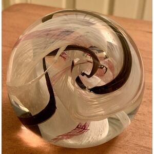 Caithness Glass Scotland Mooncrystal Paperweight Red/ Black/White Swirl